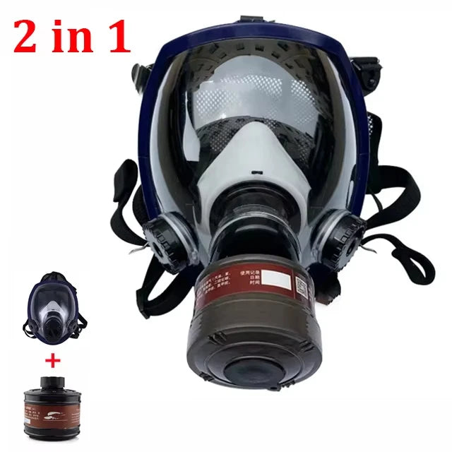 Full-face gas mask with two additional filters on a white background