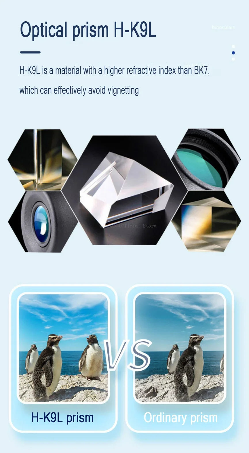 Optical prism H-K9L with comparison to ordinary prism showing penguins on a blue background