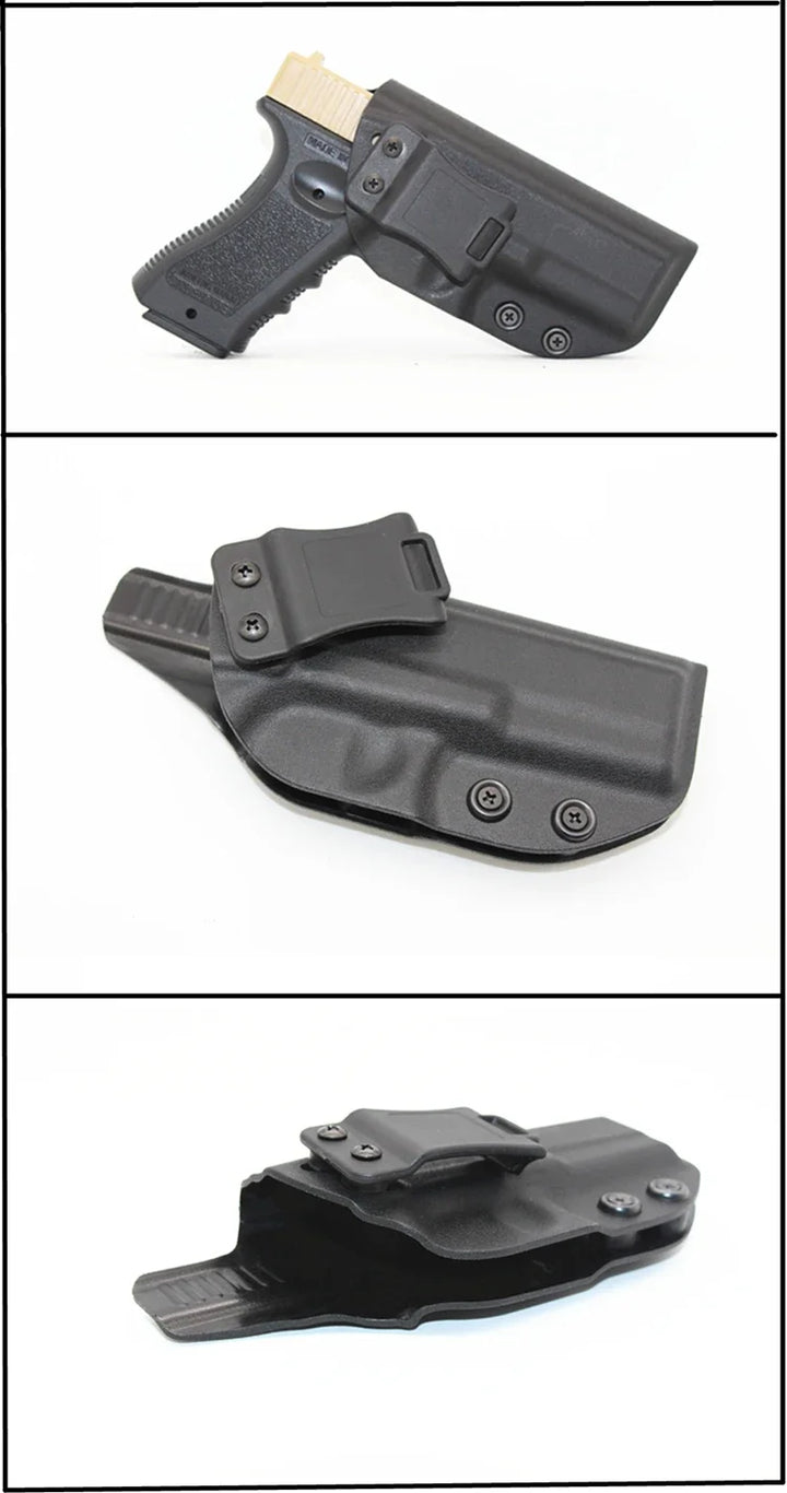 Black gun holster with a gun on a white background