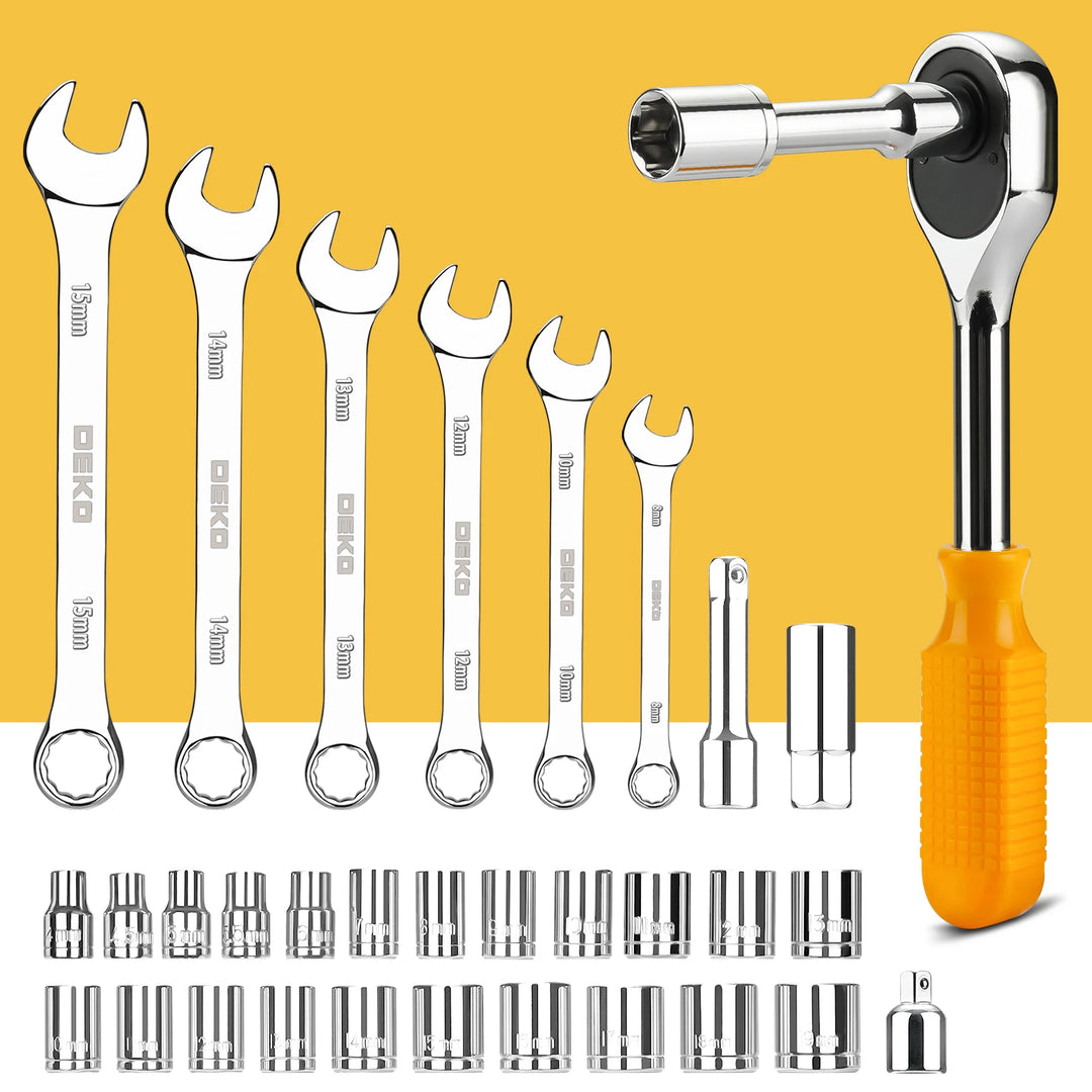 Set of wrenches and sockets on a yellow background