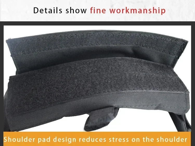 Black shoulder pad with text highlighting fine workmanship and stress reduction on shoulder