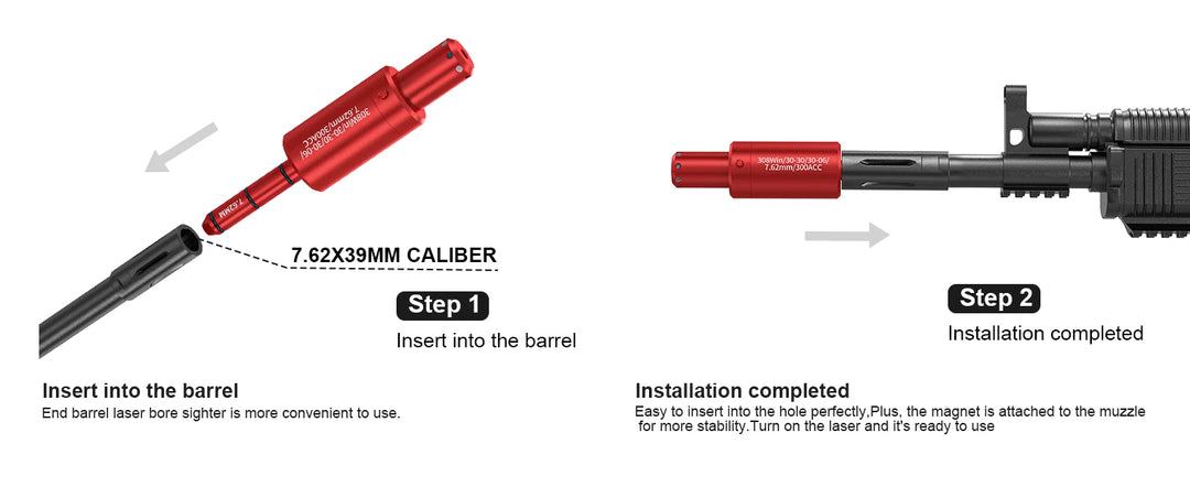 Step-by-step installation guide for a red firearm accessory on a white background