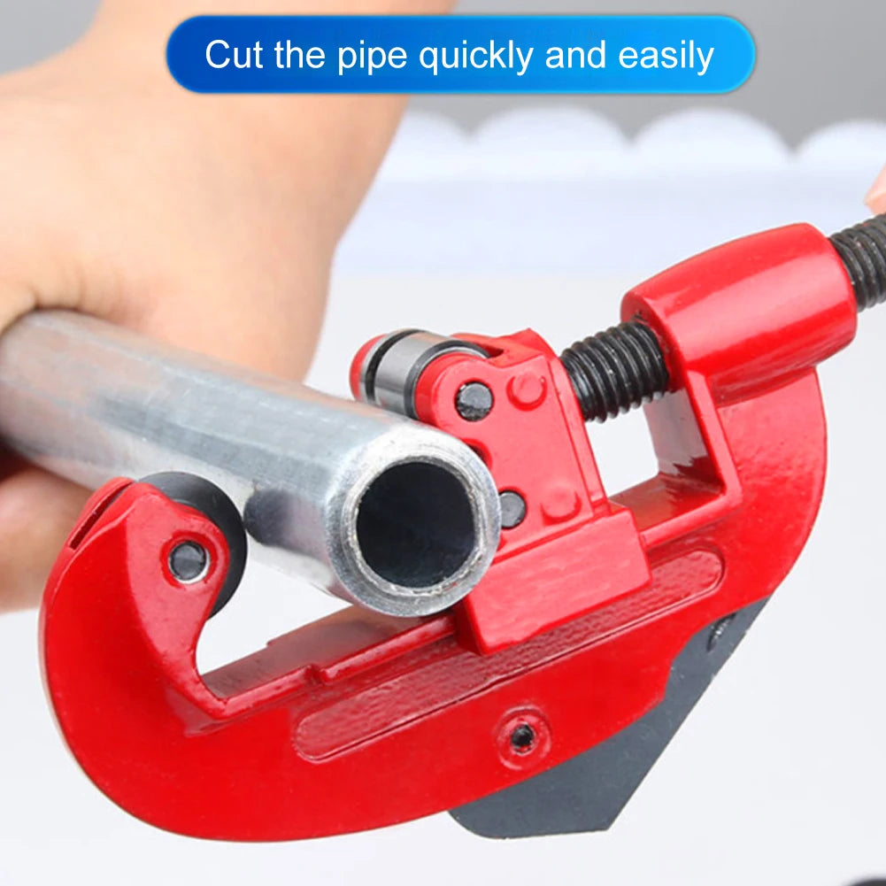 Red pipe cutter holding a metal pipe with text 'Cut the pipe quickly and easily' on a blurred background