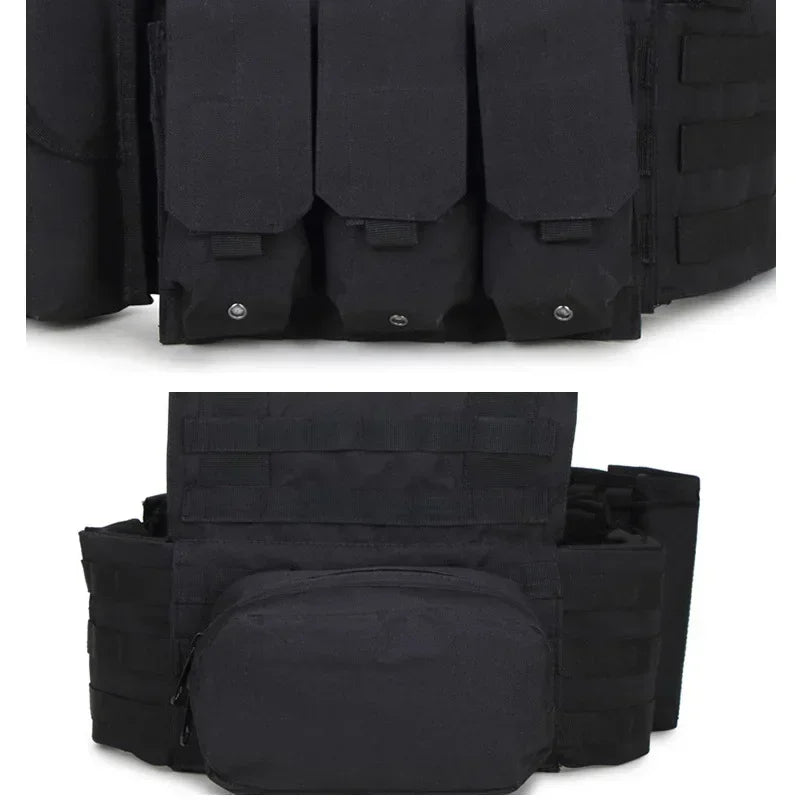 Black tactical vest with multiple pockets on a white background