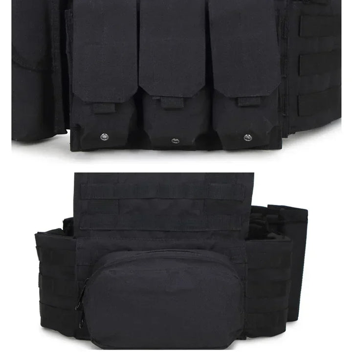 Black tactical vest with multiple pockets on a white background