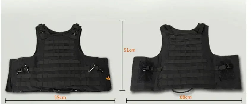 Black tactical vest with measurements on a light gray background