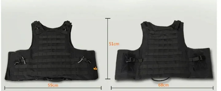 Black tactical vest with measurements on a light gray background