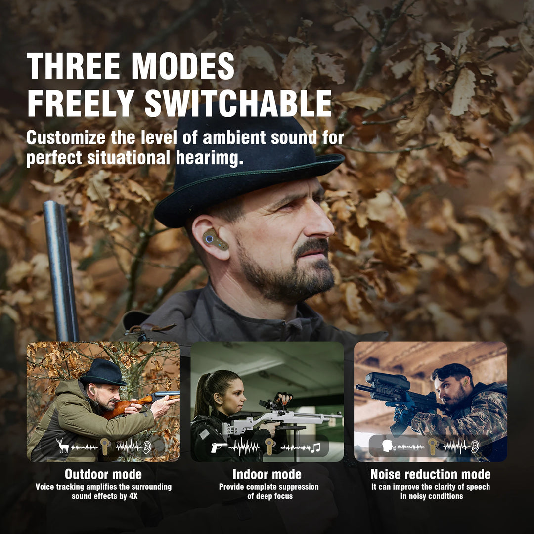 Man wearing a headset with hunting gear, surrounded by camouflage pattern, featuring text about sound mode customization.