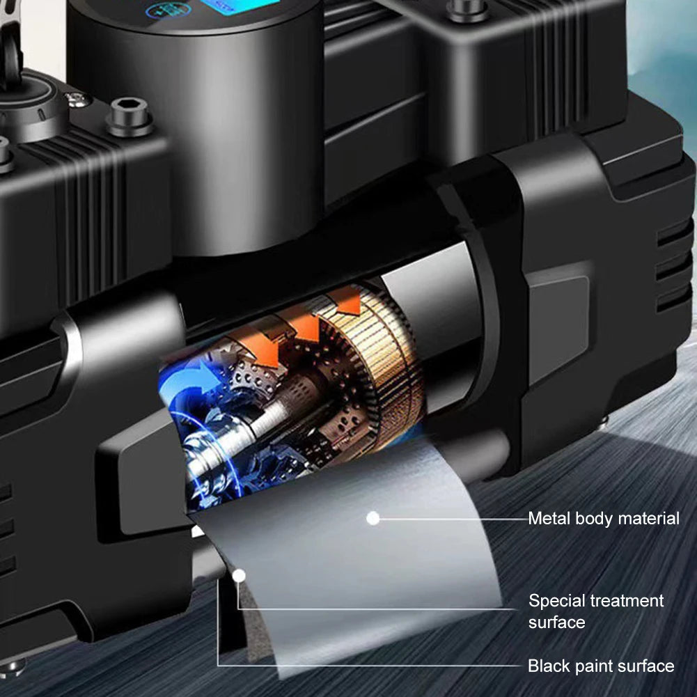 12V 150Psi Mini Air Compressor Dual Cylinder Heavy Duty Tire Inflator With Led Light Car Electric Air Pump Auto Inflatable Pump product image showing features or usage