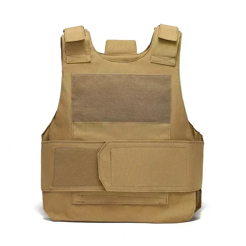 Tan tactical vest with multiple pockets and straps on a white background