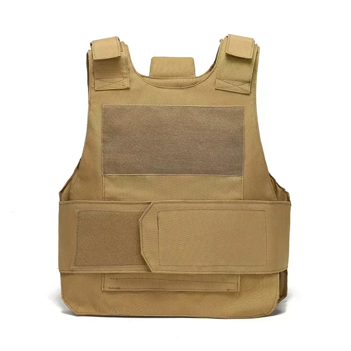 Tan tactical vest with multiple pockets and straps on a white background