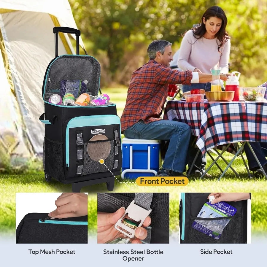 Multifunctional travel bag with wheels at a picnic setting, highlighting features like top mesh pocket, stainless steel bottle opener, and side pocket.