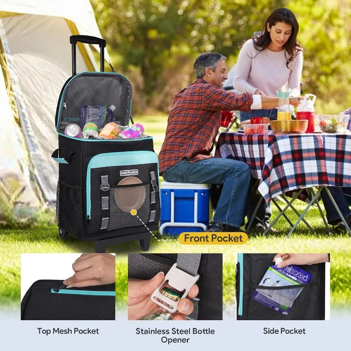 Multifunctional travel bag with wheels at a picnic setting, highlighting features like top mesh pocket, stainless steel bottle opener, and side pocket.