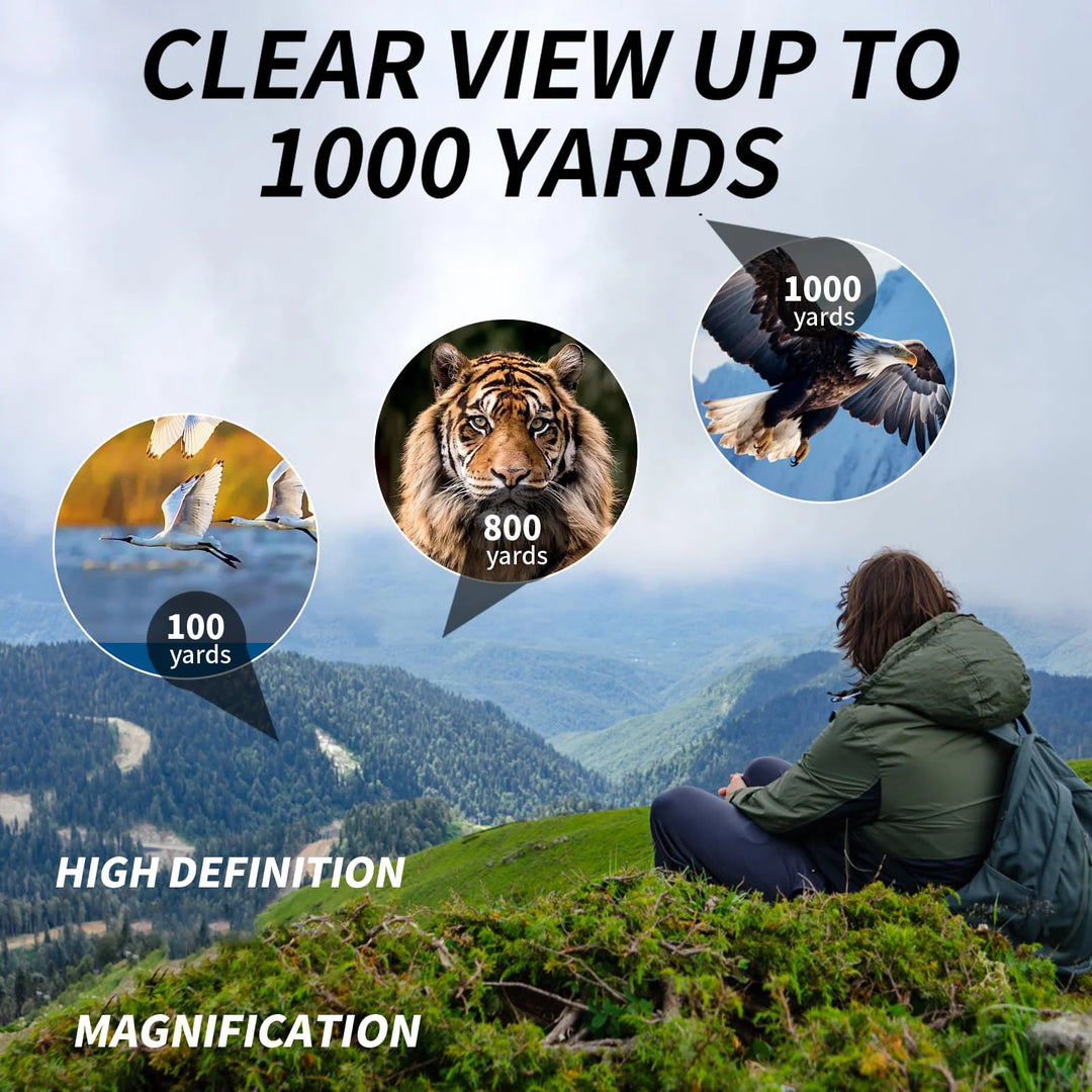 Person sitting on a hill with mountain view, surrounded by nature, with text about clear view distance and magnification.