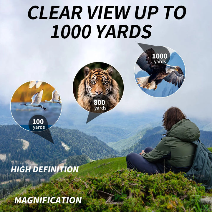 Person sitting on a hill with mountain view, surrounded by nature, with text about clear view distance and magnification.