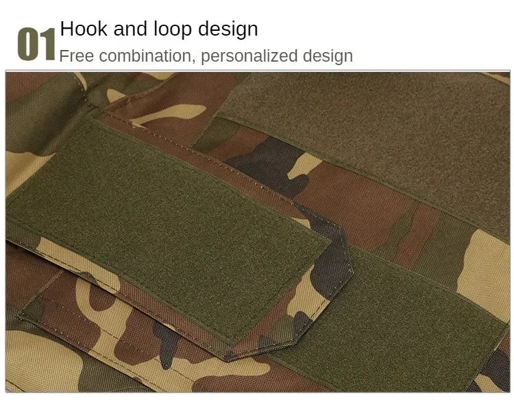 Camouflage fabric with a green patch featuring hook and loop design.