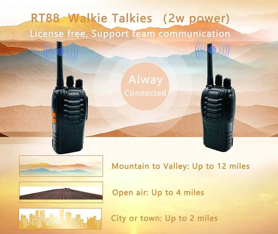 Two walkie talkies with product details on a scenic background