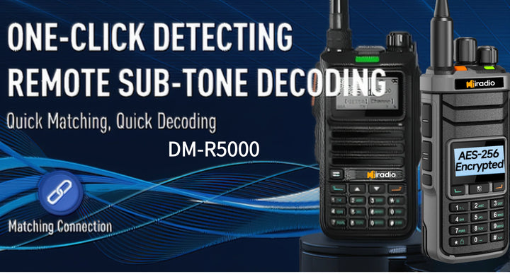 Two walkie-talkies with text about remote sub-tone decoding on a blue background