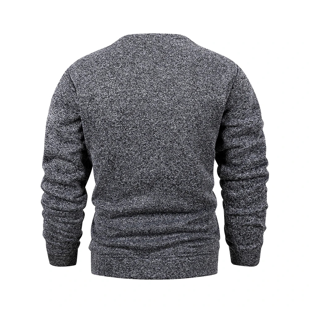 Back view of a gray marled sweater on a white background