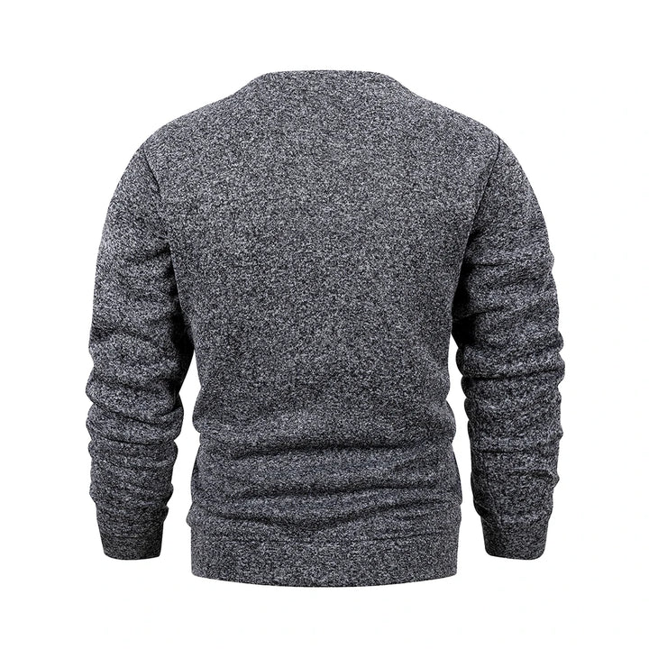 Back view of a gray marled sweater on a white background