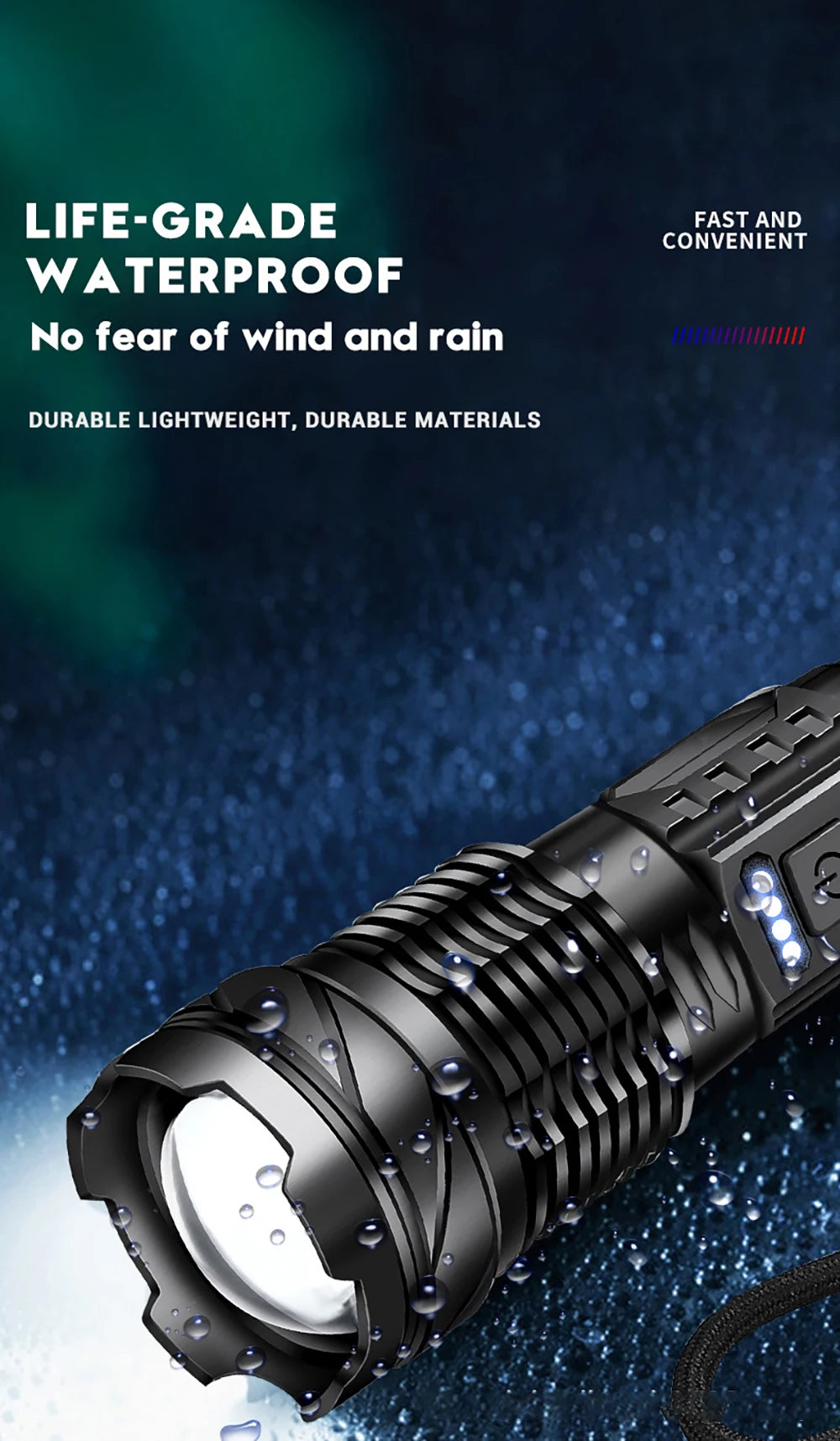 Powerful Xhp50 Led Flashlight Waterproof 18650 Torch With Side Light 7 Modes Camping Fishing Lantern Usb Rechargeable Zoom Lamp product image showing features or usage