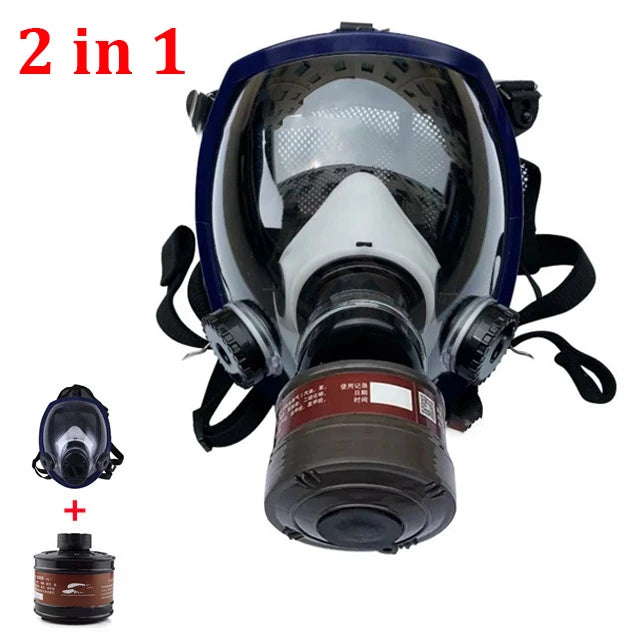 Full-face respirator mask with filter attachments on a white background