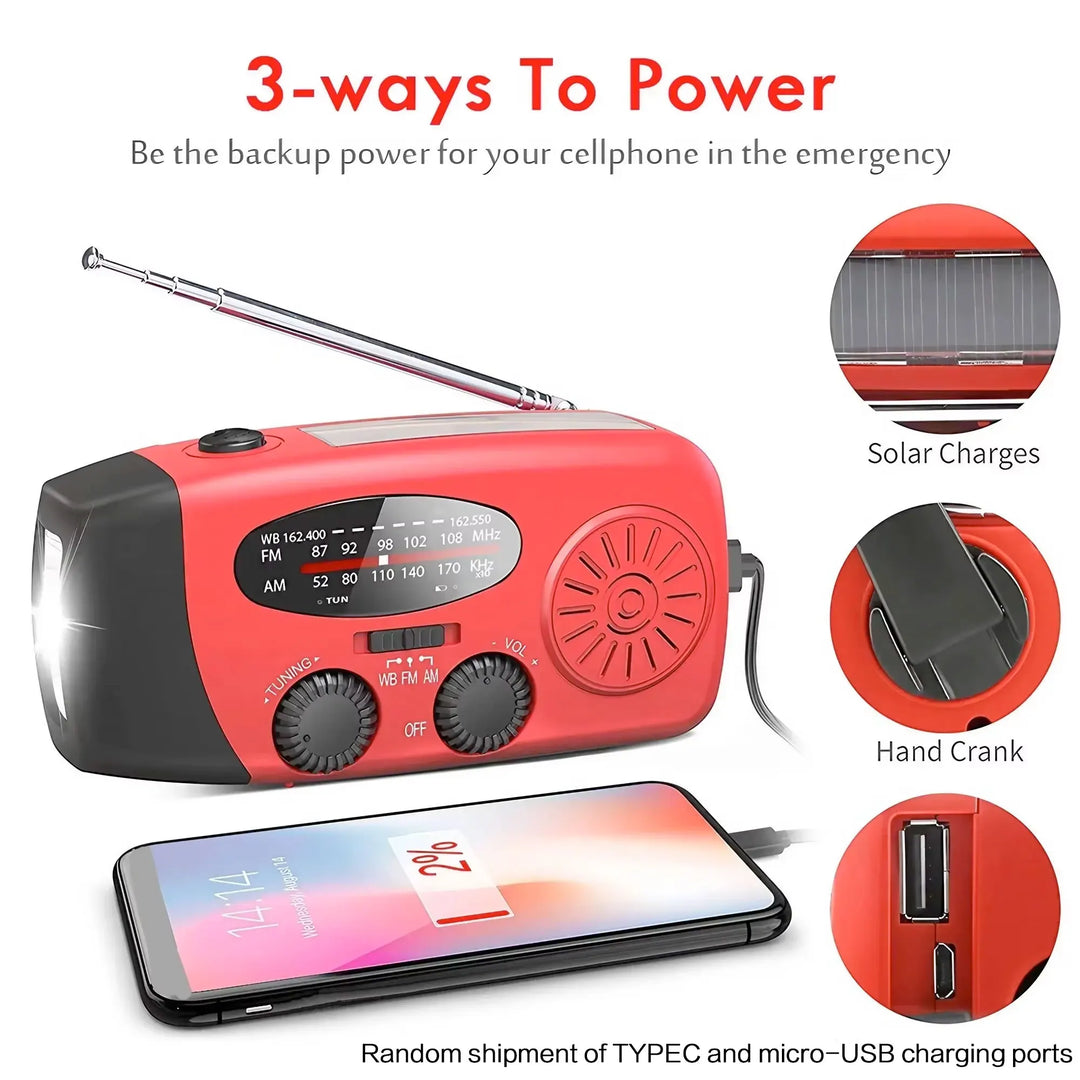 SmartGearPros Emergency Weather Radio - FM AM WB Hand Crank Solar USB Charging 2000mAh Power Bank LED Flashlight