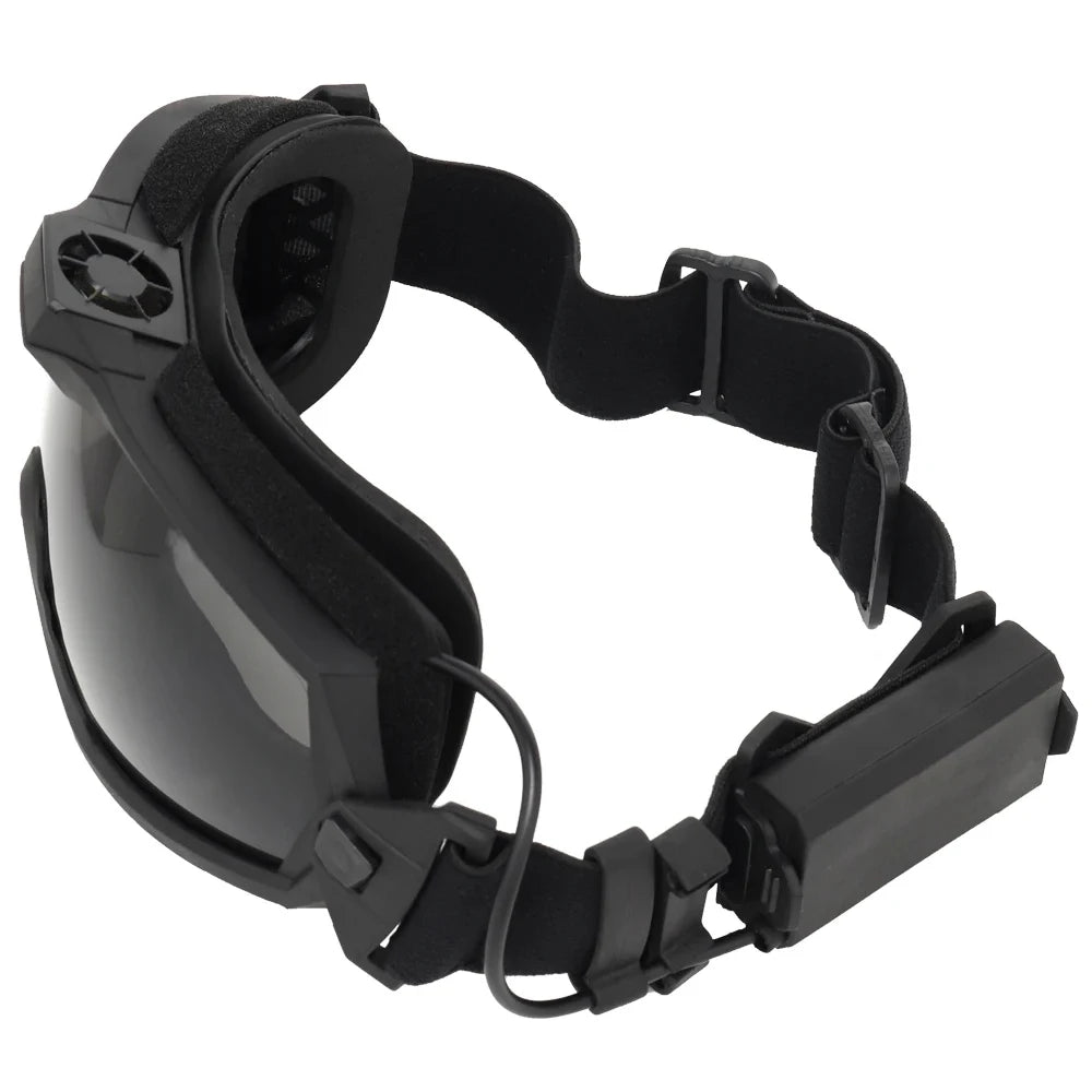 Black protective goggles with a strap on a white background