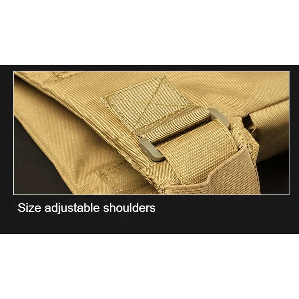Tan bag with size adjustable shoulders on a black background