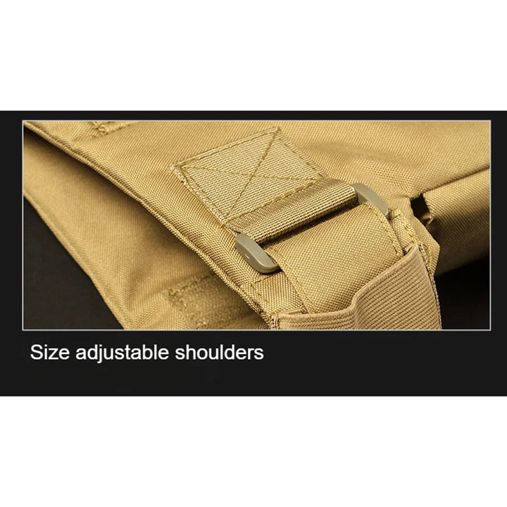 Tan bag with size adjustable shoulders on a black background