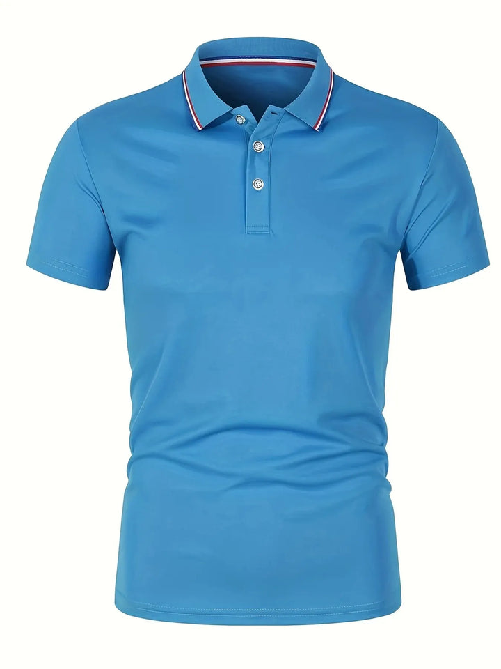 SmartGearPros breathable polyester polo shirt in blue with button collar and short sleeves.