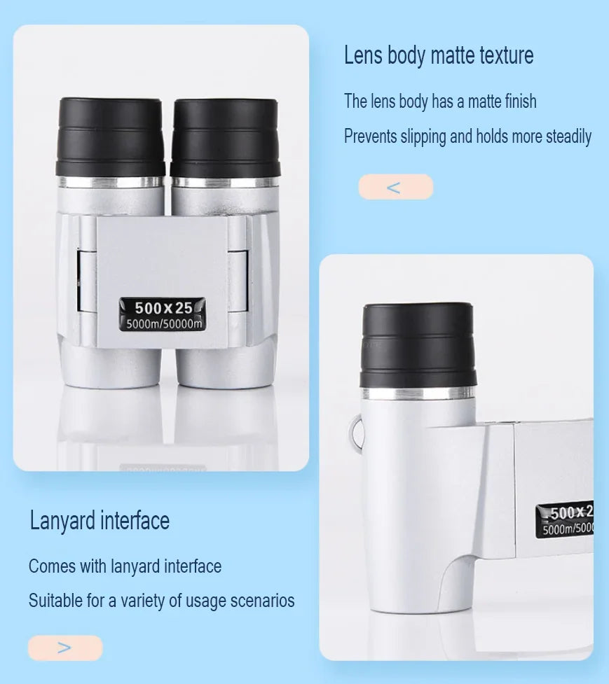 Binoculars with a lanyard interface on a blue background