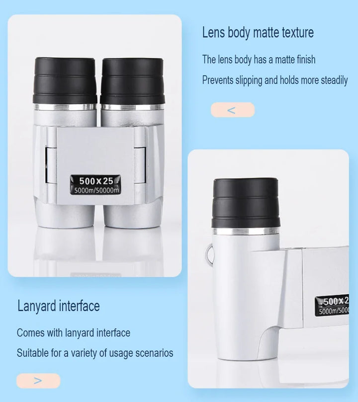 Binoculars with a lanyard interface on a blue background