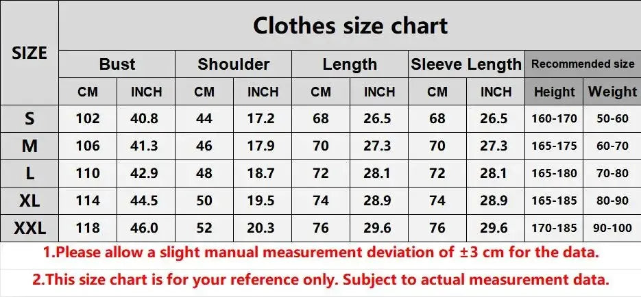 Clothes size chart displaying measurements for SmartGearPros men's polo shirt in sizes S-XXL.