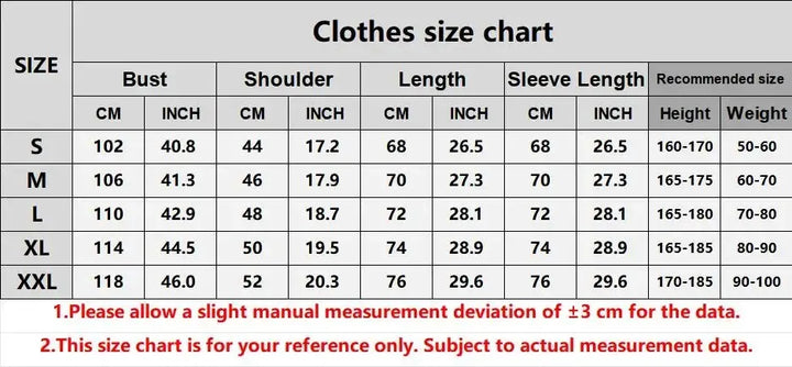 Clothes size chart displaying measurements for SmartGearPros men's polo shirt in sizes S-XXL.