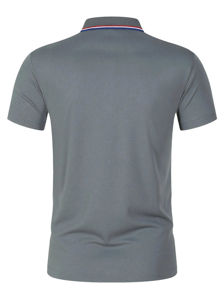 Back view of SmartGearPros Men's Polo Shirt in breathable polyester polo shirt design with button collar and short sleeves.