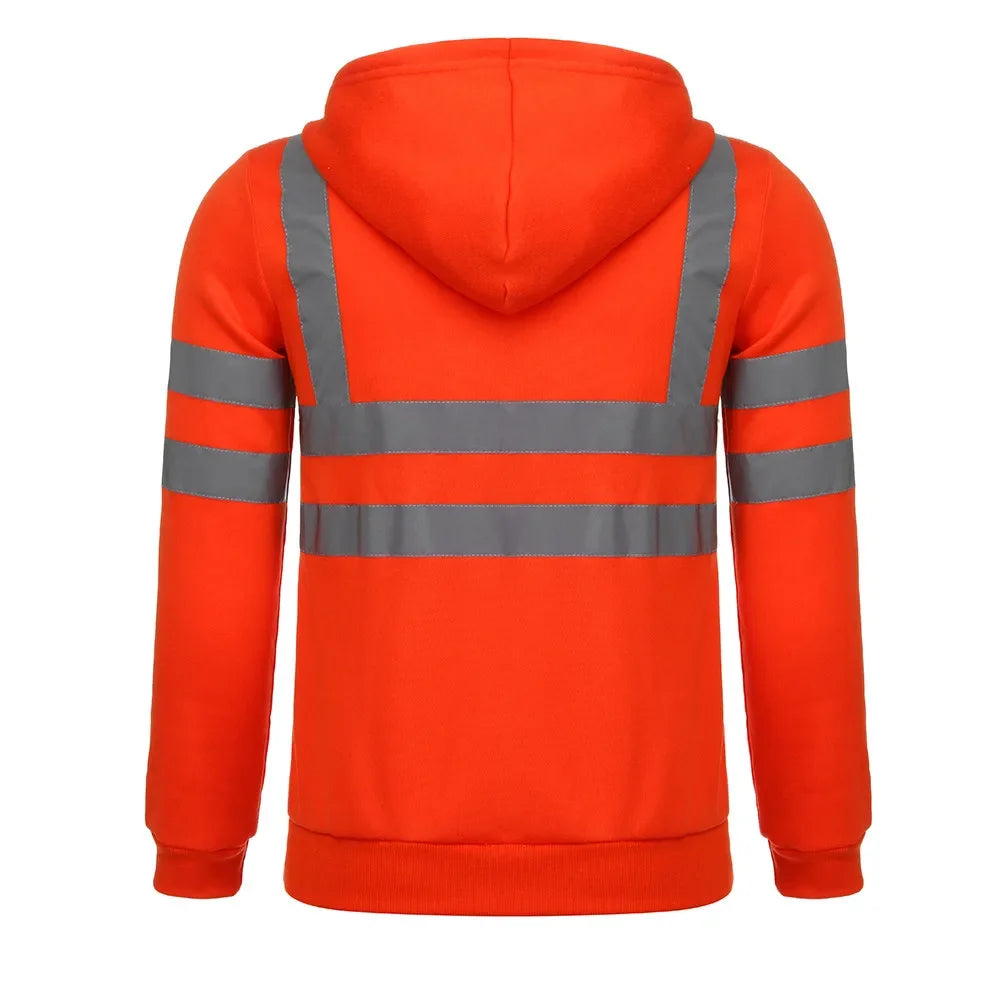 Orange hoodie with reflective stripes on a white background