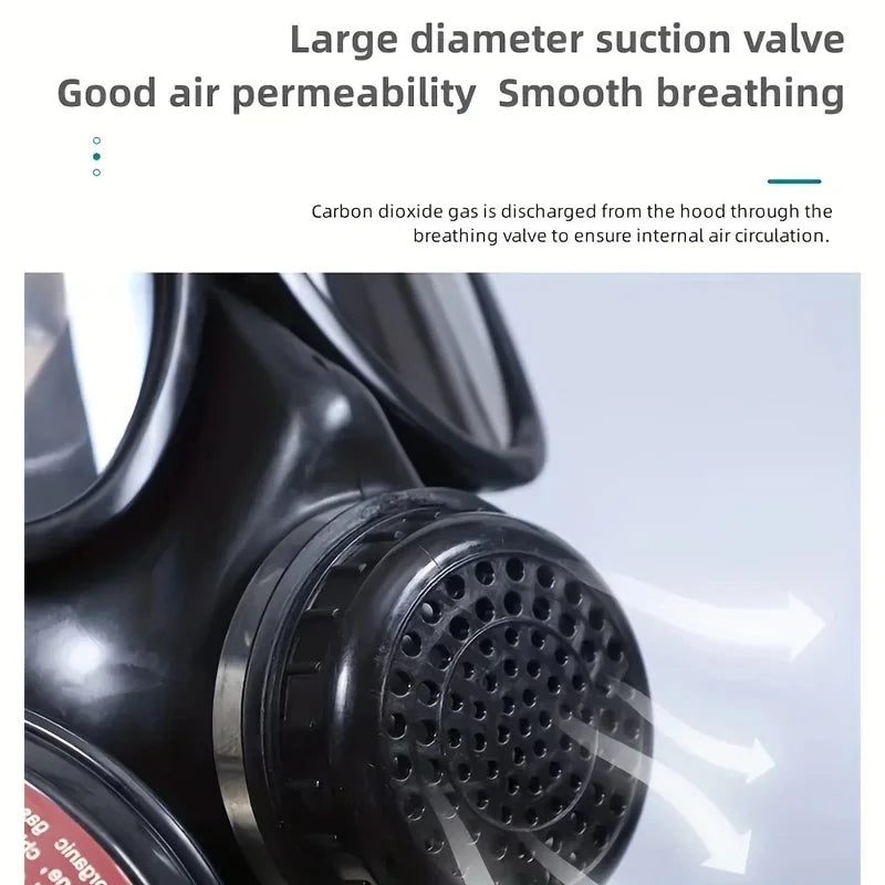 Close-up of a gas mask with text about large diameter suction valve and air permeability.