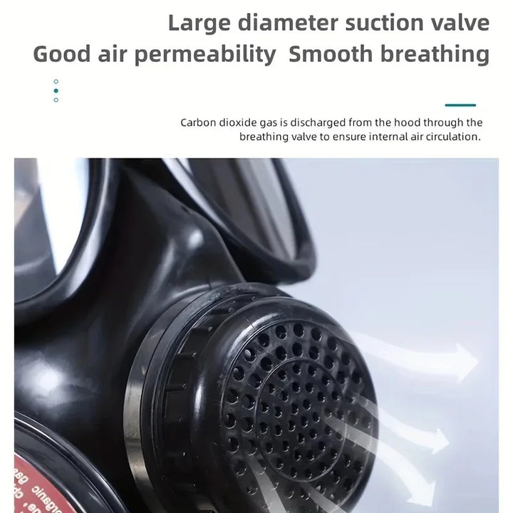 Close-up of a gas mask with text about large diameter suction valve and air permeability.