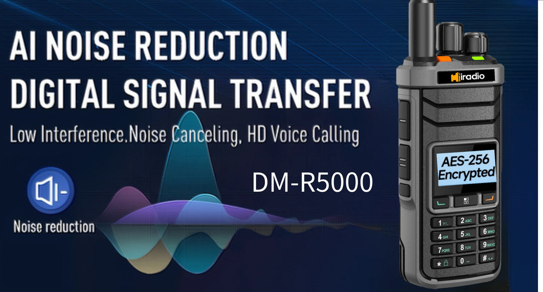 Walkie talkie with AI noise reduction and digital signal transfer features on a dark blue background