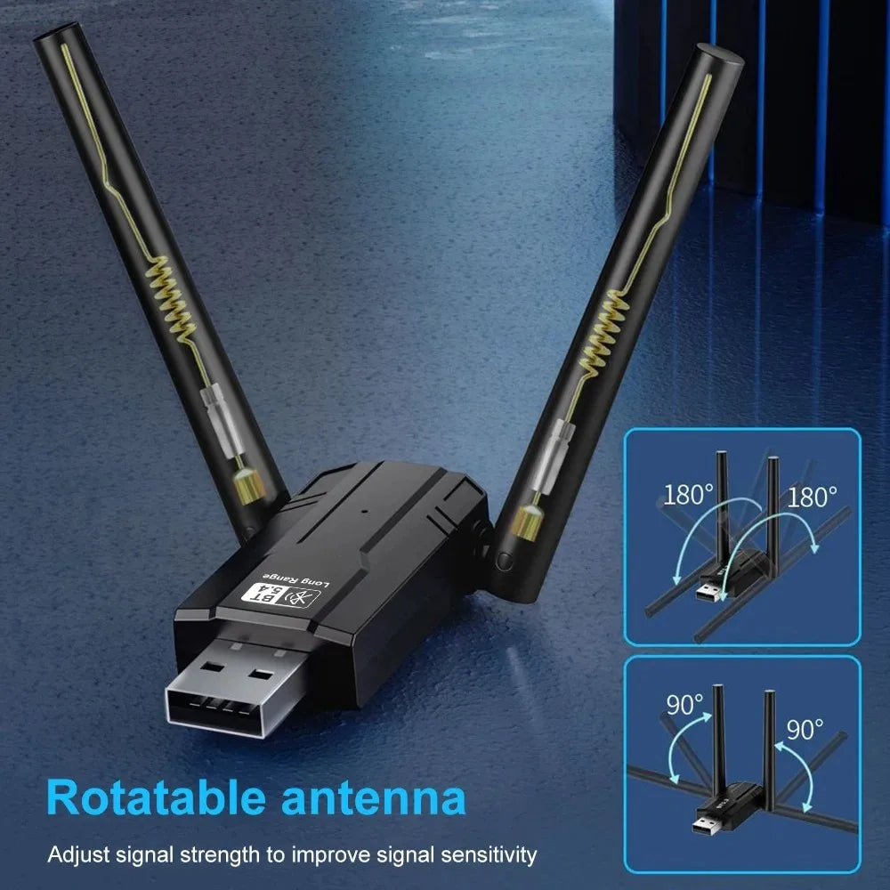 SmartGearPros Long-Range Bluetooth Adapter – 5.4/5.3 USB Dongle with Antenna for 30+ ft Wireless Reach