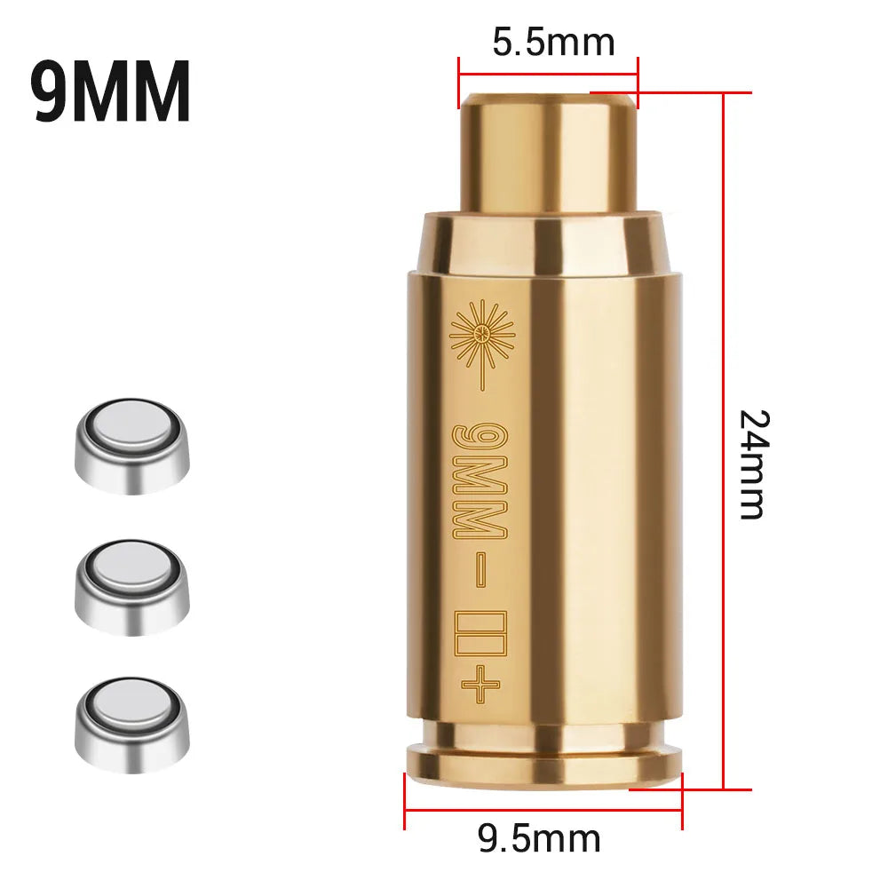 Gold 9mm bullet casing with measurements on a white background