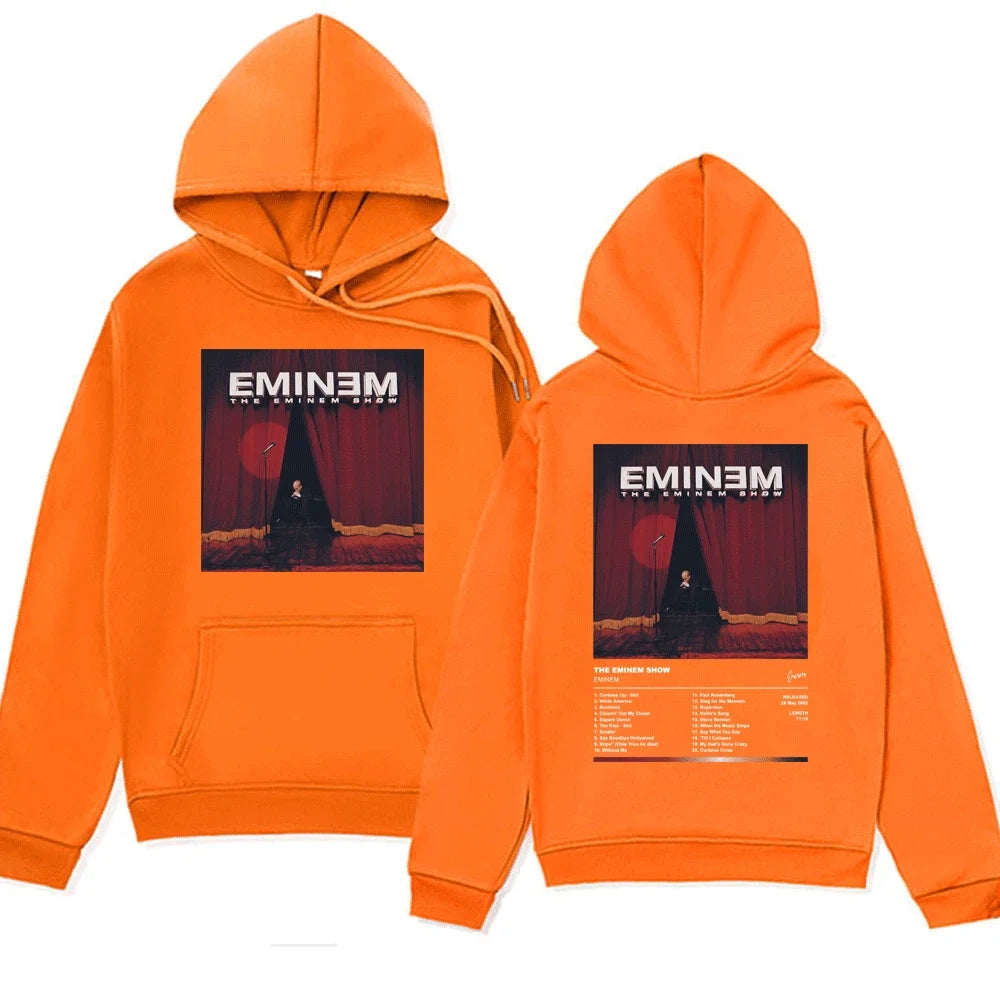 Orange hoodie with Eminem album cover design on front and back