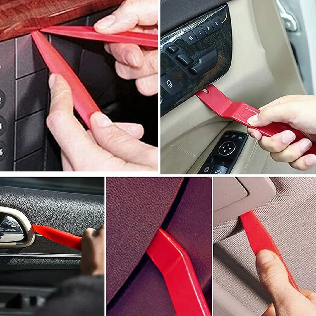 Red car trim removal tool being used on various car interior components.