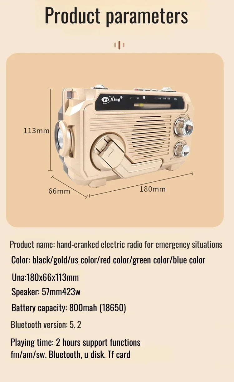 Hand-cranked electric radio with dimensions and specifications on a beige background