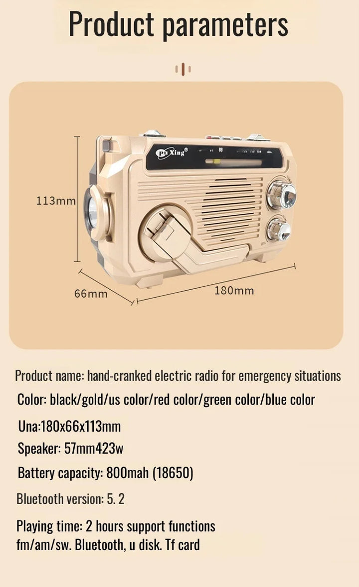 Hand-cranked electric radio with dimensions and specifications on a beige background