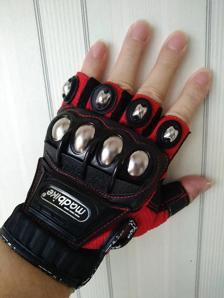 Black and red glove with metallic accents on a white background