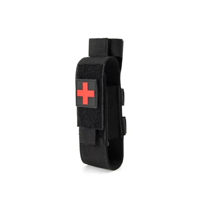 Black tactical first aid kit with red cross on a white background.