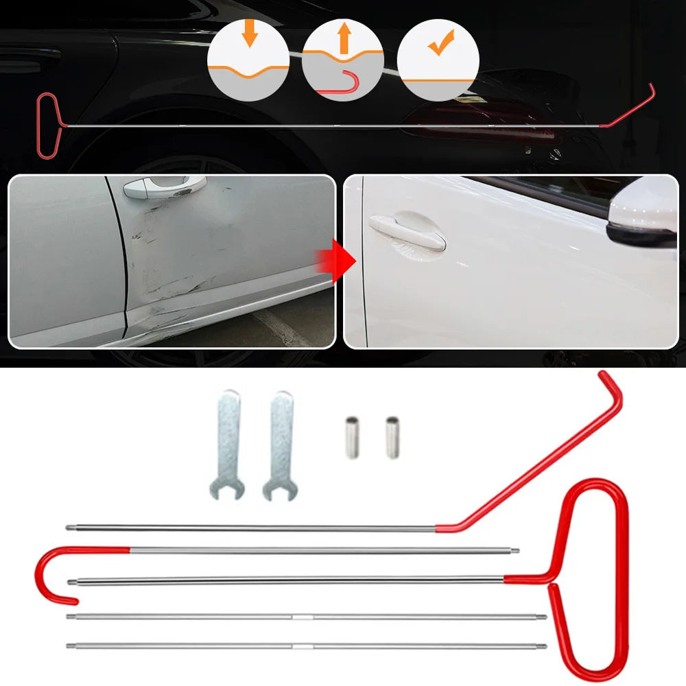 Car dent removal tool set with before and after results on a car door.