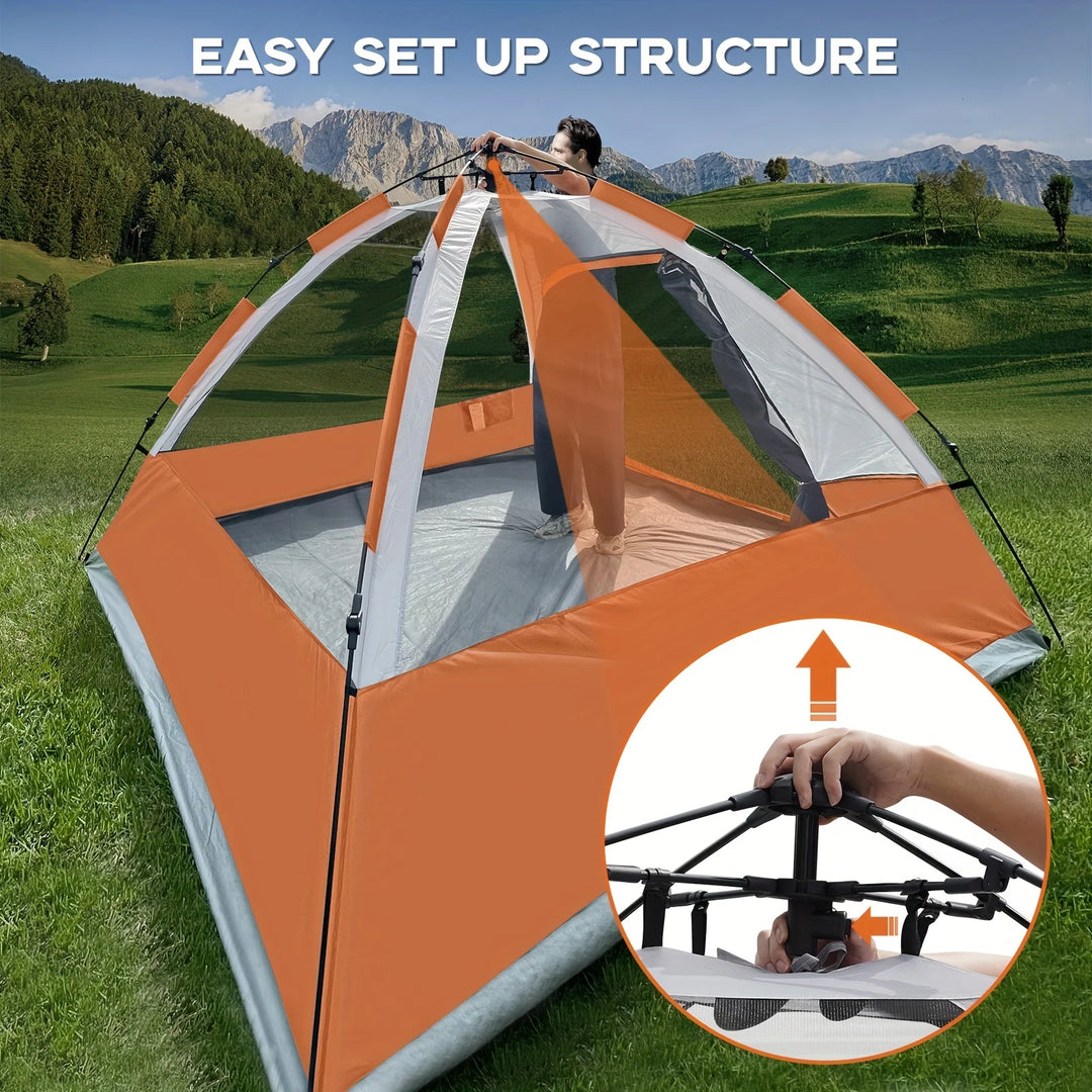 Orange and gray tent with easy set up structure feature on a grassy field with mountains in the background.